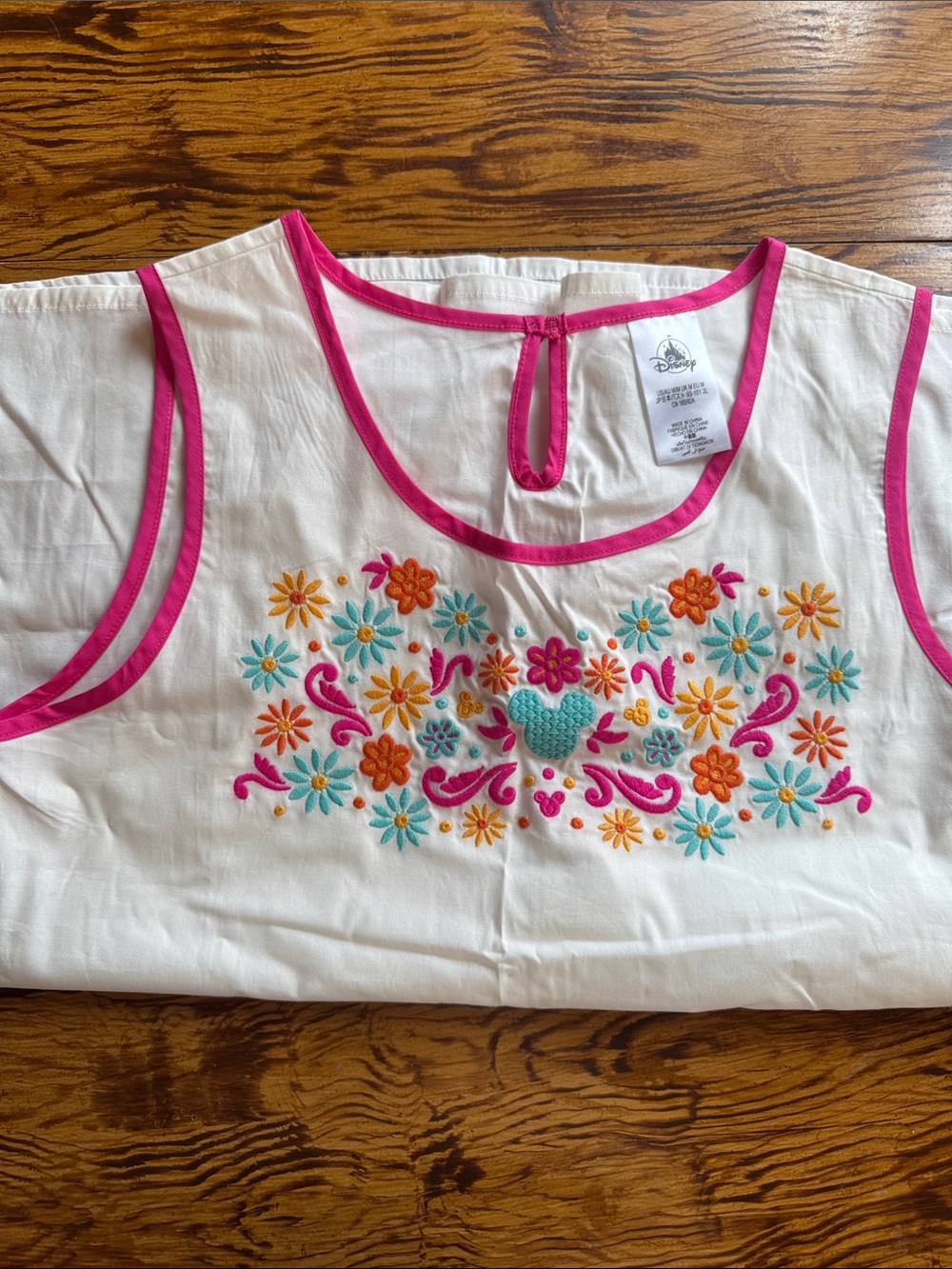 Disney White with Pink Trim and Multicolor Floral Embroidery Tank Top